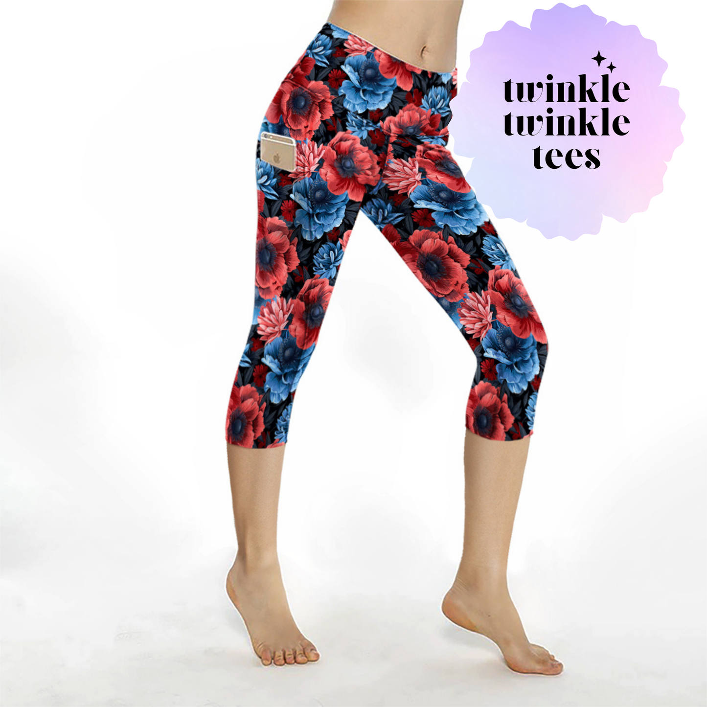 Red and Blue Flowers CAPRI Pocket Leggings