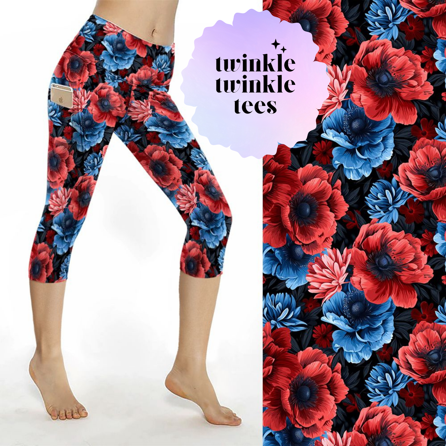 Red and Blue Flowers CAPRI Pocket Leggings