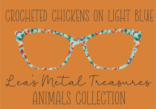 CROCHETED CHICKENS ON LIGHT BLUE Eyewear Frame Toppers COMES WITH MAGNETS