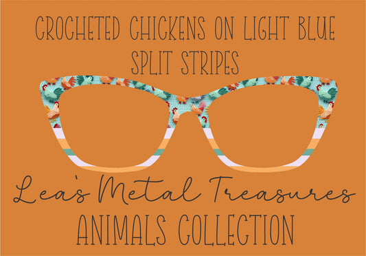 CROCHETED CHICKENS ON LIGHT BLUE SPLIT STRIPES Eyewear Frame Toppers COMES WITH MAGNETS