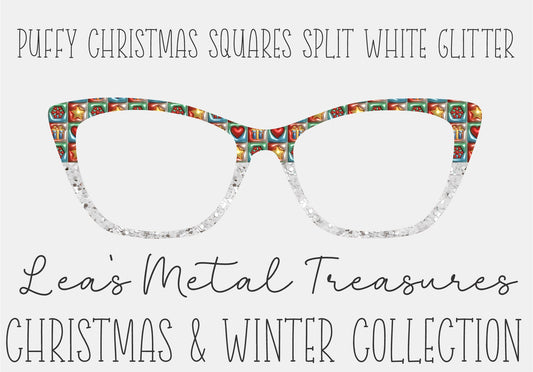 PUFFY CHRISTMAS SQUARES SPLIT WHITE GLITTER Eyewear Frame Toppers COMES WITH MAGNETS