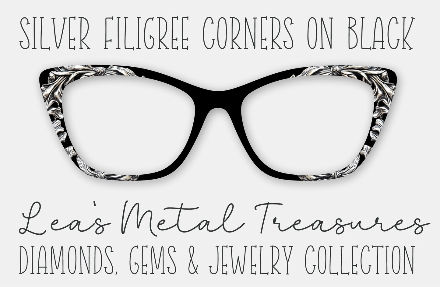 Silver Filigree Corners on Black Eyewear Frame Toppers
