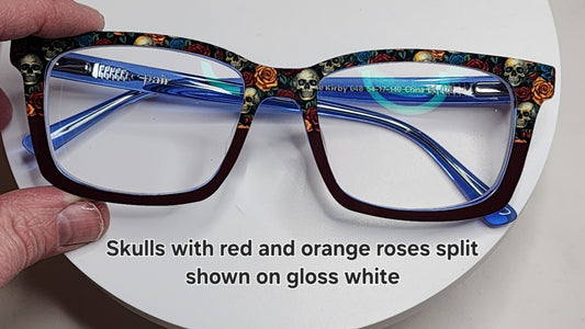 Skulls with Red and Orange Roses Eyewear Frame Toppers COMES WITH MAGNETS