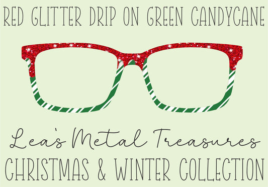 Red Glitter Drip on Green Candycane Eyewear Toppers COMES WITH MAGNETS