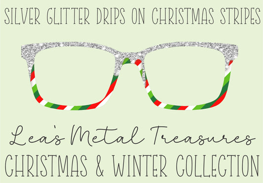 Silver Glitter Drips on Christmas Stripes Eyewear Toppers COMES WITH MAGNETS