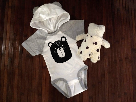 Bear Face Bear Ears Hoodie Infant Bodysuit - baby bear bodysuit - woodland animal baby - cute baby clothes - baby boy gift