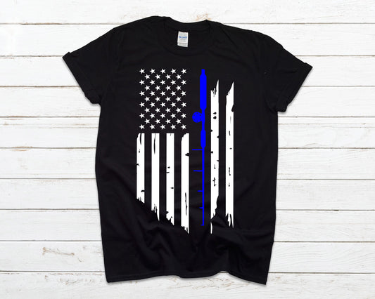 USA Fishing Rod Men's t-shirt - Thin Blue Line Flag - Blue Lives Matter - Back the Blue Shirt - Fishing Flag Shirt - Fisherman Gift