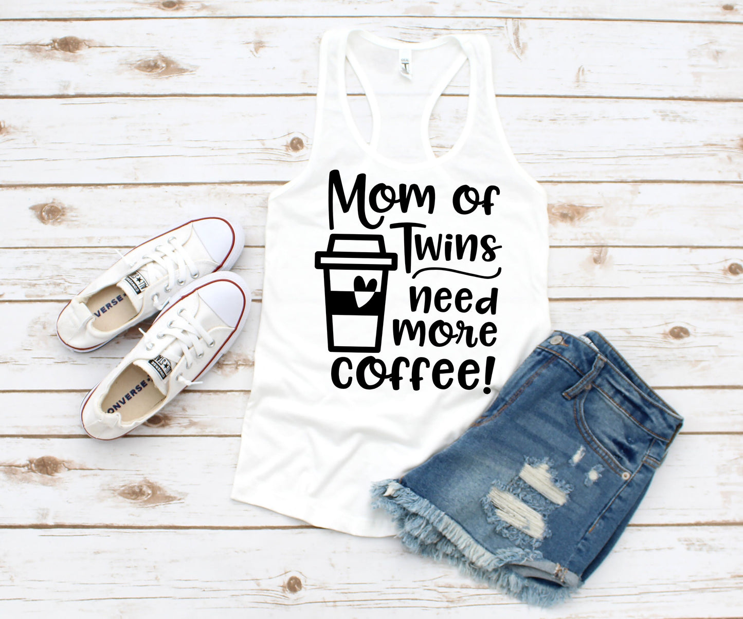 Mom of Twins, Need More Coffee racerback tank t-shirt - twin mom shirt - mom of twins shirt - identical twins - fraternal twins - twin mama