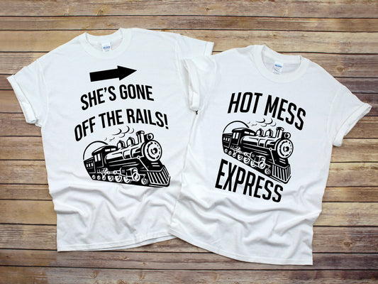 Hot Mess Express and She's Gone Off the Rails unisex t-shirts - funny mom shirt - parents of boys shirt - train birthday party shirts