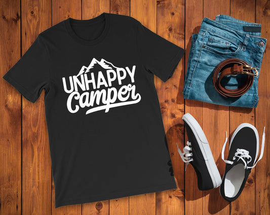 Unhappy Camper Unisex Adult t-shirt - Camping T-shirt - Teen Boy Shirt - Sarcastic Humor Shirt - Shirt for Dad - Camping Shirt - mountains