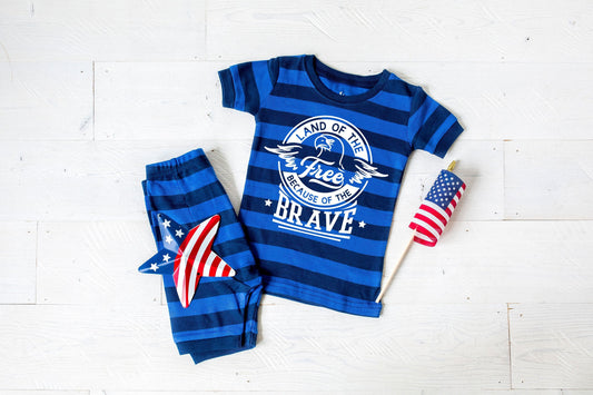 Land of the Free Because of the Brave Toddler Blue Striped Shorts Toddler and Kids Pajamas - Kids 4th of July Pajamas - Support our troops