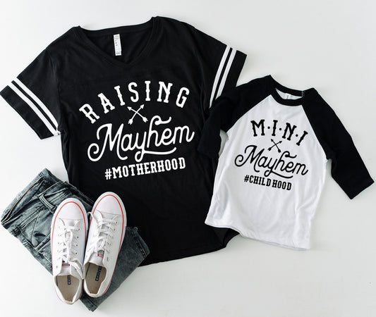 Raising Mayhem and Mini Mayhem Football and Baseball Raglan t-shirts - Mommy and Me shirts - Mommy and Son Matching Shirts