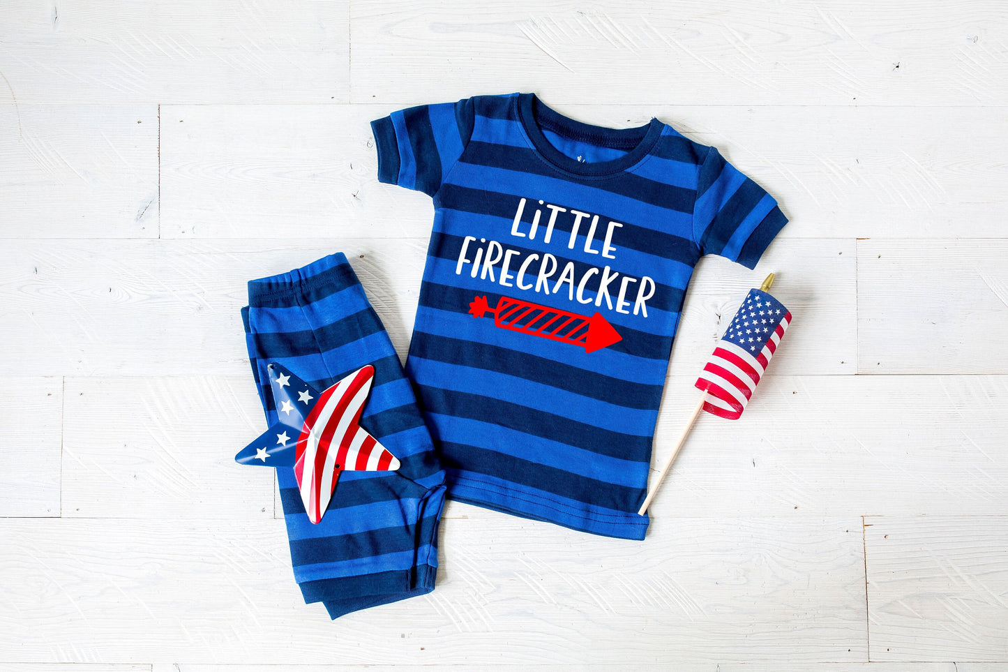 Little Firecracker Blue Striped Shorts Toddler and Kids Pajamas - Kids 4th of July Pajamas - 4th of July Toddler Pajamas Set