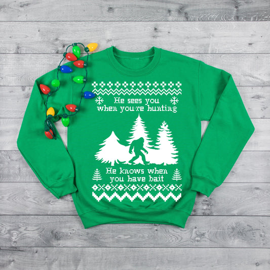 He Sees You When You're Hunting Christmas Bigfoot Ugly Christmas Sweater Crewneck Fleece Pullover Sweatshirt - Christmas Party - Sasquatch