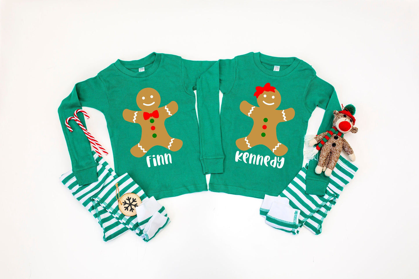 Personalized Gingerbread Green Striped Infant or Kids Christmas Pajamas - kids christmas pjs - baby christmas pjs - matching family pjs