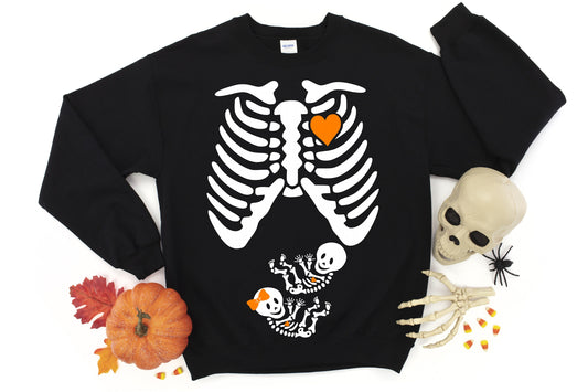 TWINS SWEATSHIRT Pregnant Skeleton Women's Crewneck Fleece Pullover Sweatshirt, Halloween Maternity Sweatshirt, Halloween Maternity Costume