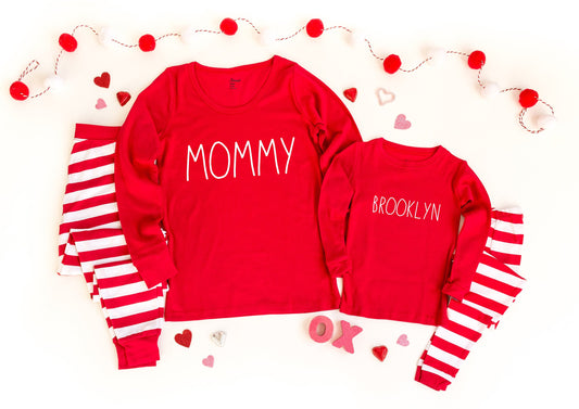 Personalized Red Striped Valentines Pajamas, mommy and me pjs, valentines pajamas for the family, dog pajamas, valentines day