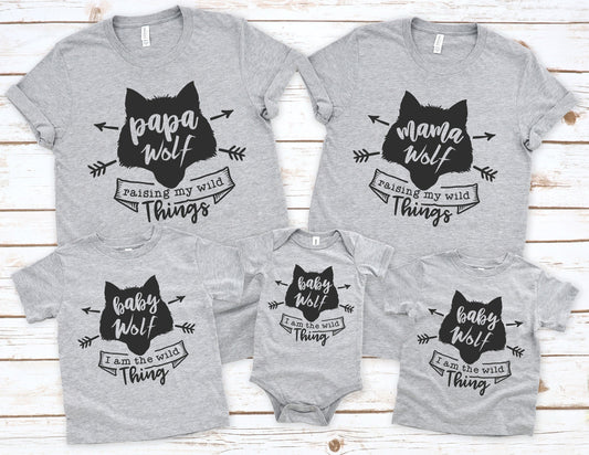 Wolf Family Matching T-Shirts or Baby Bodysuits - Matching Family Tees - Mama Wolf - Papa Wolf - Baby Wolf - Wolf Cub