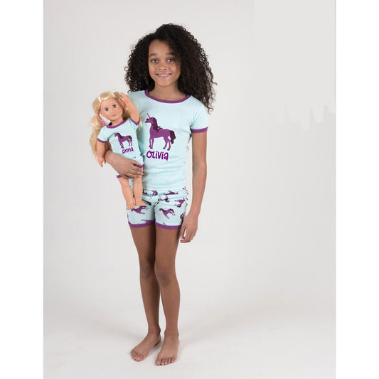 Personalized Unicorn Girl and Doll Shorts Pajamas - Girls Unicorn Pajamas - Matching Doll Pajamas - Sleepover Pajamas