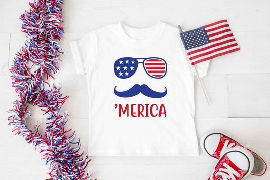 Merica Mustache Kids Bodysuit or T-Shirt - Kids 4th of July Shirt -