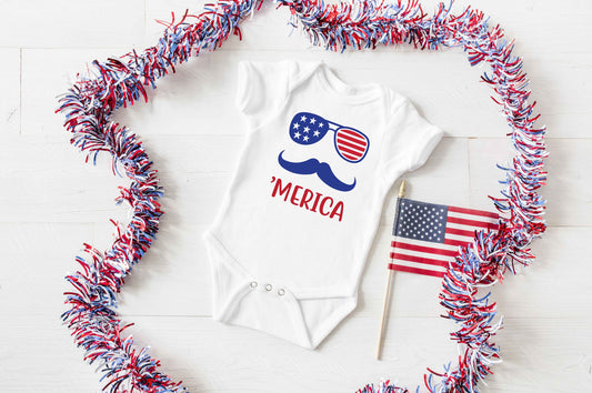 Merica Mustache Baby Bodysuit - first fourth of july - 4th of july baby outfit