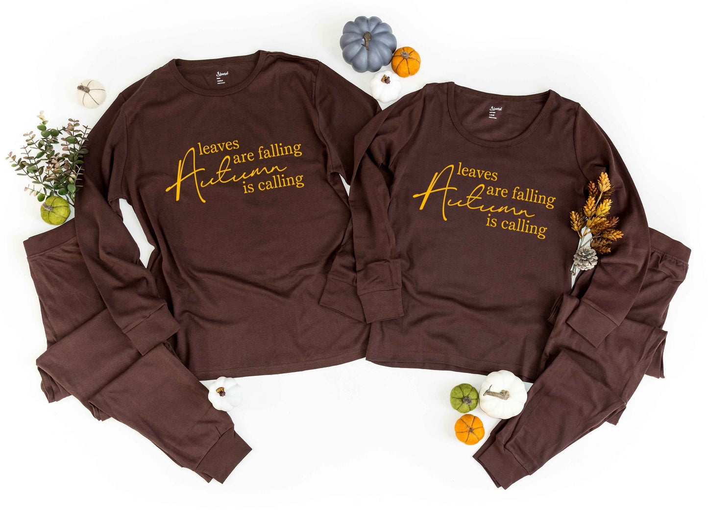 Leaves are Falling Autumn is Calling Brown Pajamas - thanksgiving family pajamas - matching fall pjs - fall pajamas for the family
