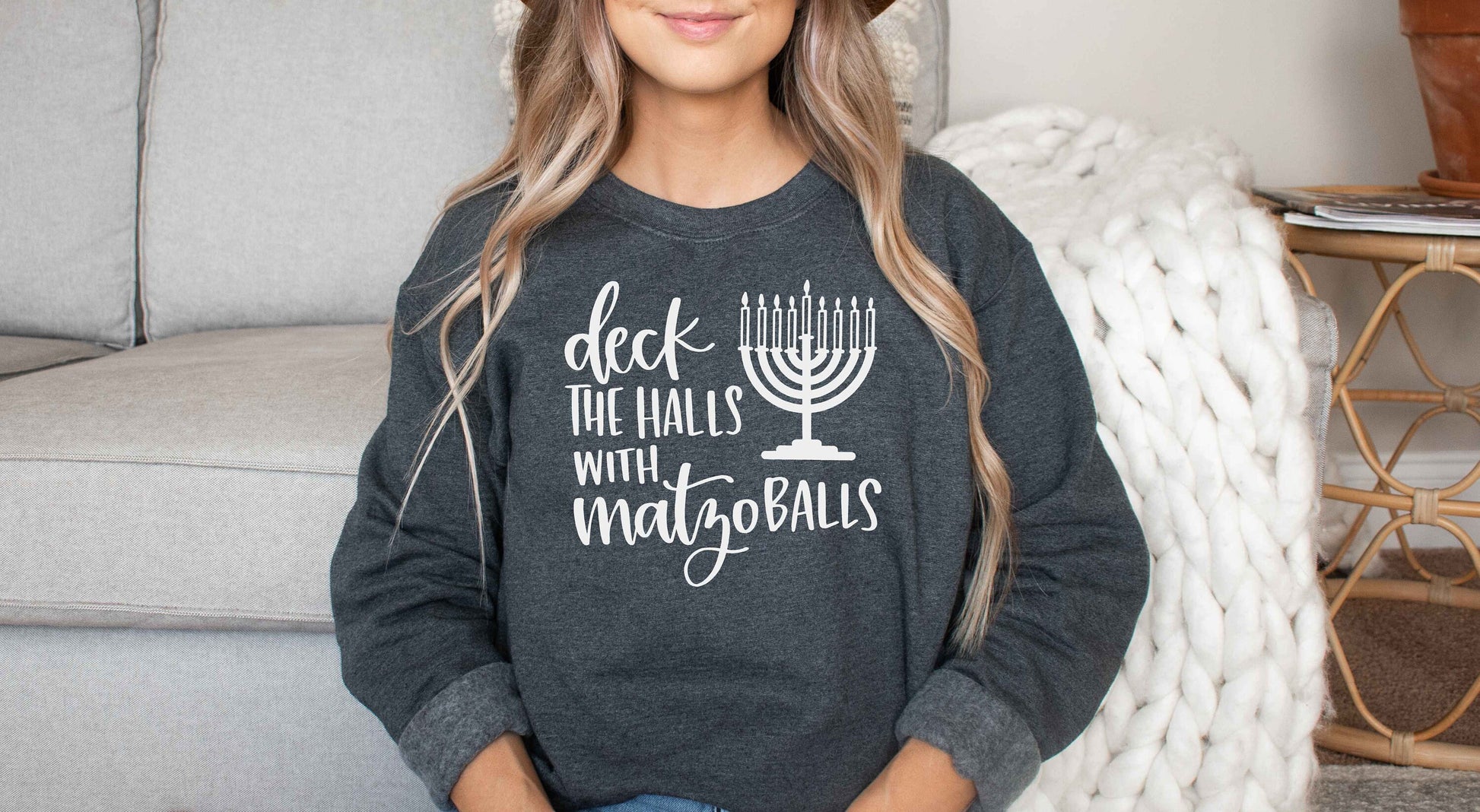 Deck the Halls with Matzo Balls Unisex Crewneck Fleece Pullover Hanukkah Sweatshirt