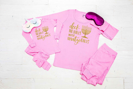 Deck the Halls with Matzo Balls Glitter Pink Mommy and Me Hanukkah Pajamas, hanukkah family pajamas