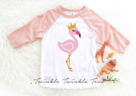 Flamingo with Crown Peach Raglan Tee - girls flamingo shirt - flamingo birthday party - flamingo party shirt