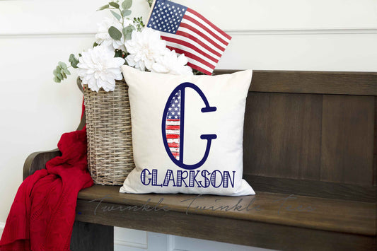 Flag Monogram with Last Name Beige 16 x 16 Throw Pillow, 4th of July Home Decor, Independence Day Home Decor