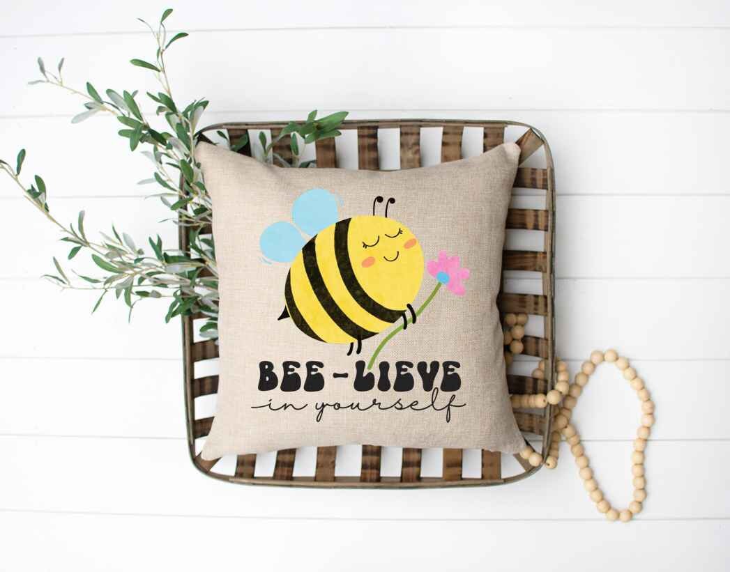 Bee-lieve in Yourself Beige 16 x 16 Throw Pillow, Summer Home Decor
