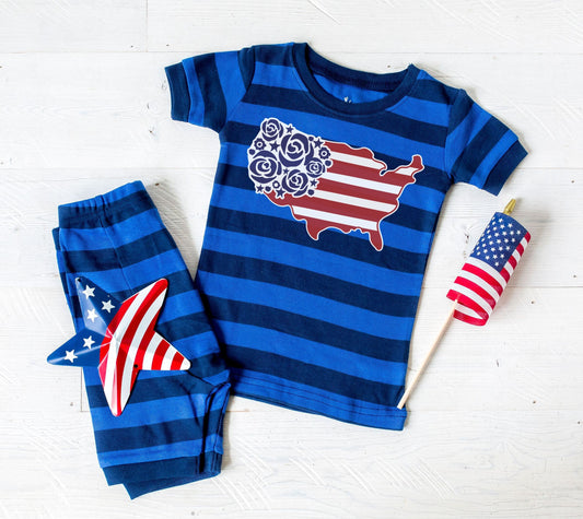 USA with Flowers Striped Shorts Toddler and Kids Pajamas - Kids 4th of July Pajamas - 4th of July Toddler Pajamas Set
