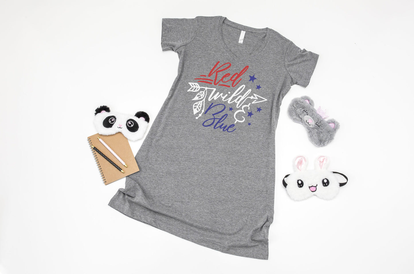Red Wild and Blue V-neck Night Shirt - 4th of July Nightgown - long night shirt - women's pajamas - lounge shirt