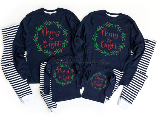 Merry and Bright Navy Family Matching Christmas Pajamas - womens pajamas - kids pjs - christmas pajamas