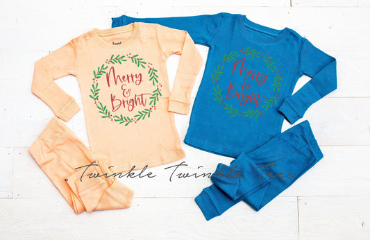 Merry and Bright Wreath Peach or Teal Christmas Pajamas - Family Matching Christmas PJs
