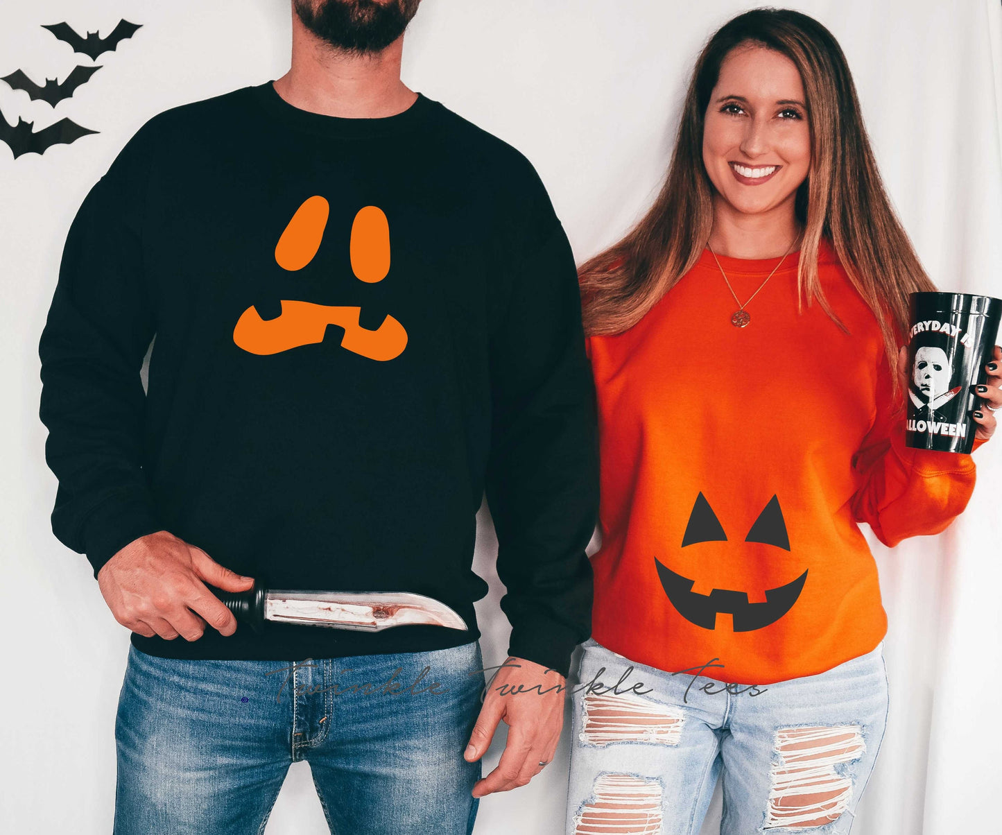 Pregnant Jack O Lantern Couples Crewneck Fleece Pullover Sweatshirts - Halloween Maternity Sweatshirt - Halloween Pregnancy Announcement