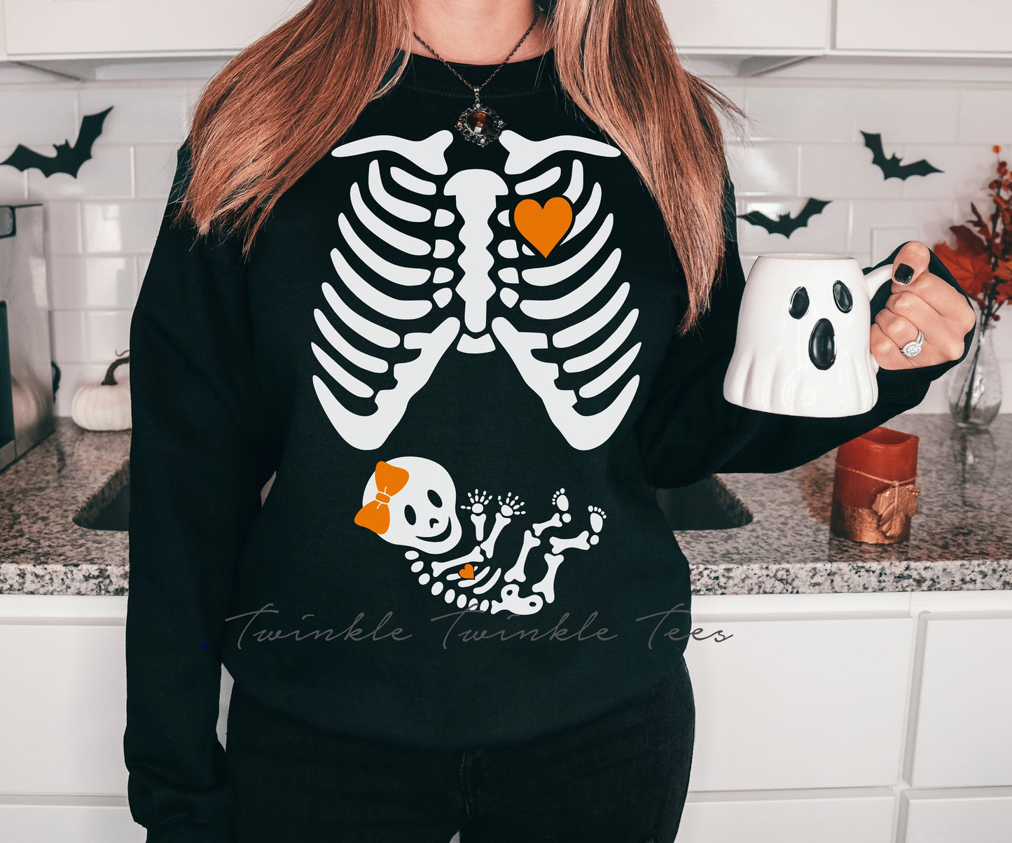 Pregnant Skeleton Women's Crewneck Fleece Pullover Sweatshirt - Halloween Maternity Sweatshirt - Halloween Costume for Pregnant Women