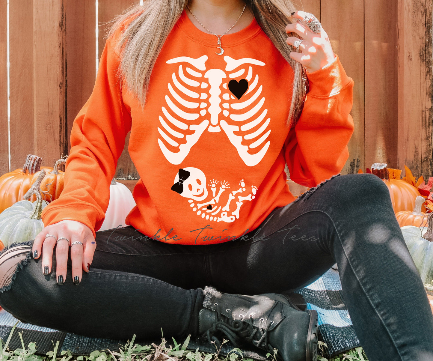 Pregnant Skeleton Women's Crewneck Fleece Pullover Sweatshirt - Halloween Maternity Sweatshirt - Halloween Costume for Pregnant Women
