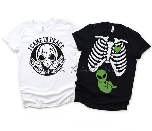 Alien Skeleton Maternity Couples Halloween t-shirts - nerdy pregnancy shirt - nerdy pregnancy announcement - halloween maternity