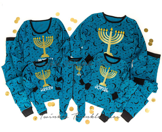 Menorah Teal Moon Chanukah Pajamas, hanukkah family pajamas - women's hanukkah jammies - matching family chanukah pjs
