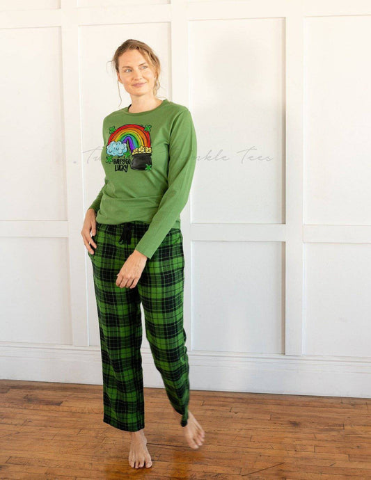 Happy Go Lucky Green Flannel Plaid St Patrick's Day Pajamas - Girl's St Paddy's Pjs, women's st paddy's pjs