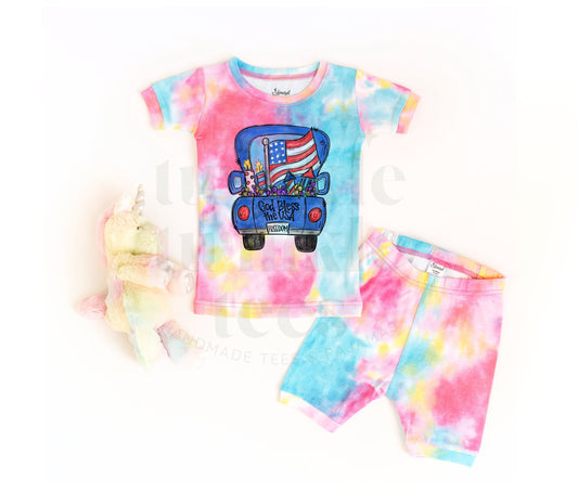Patriotic Truck Rainbow Mix Shorts Set for Kids - Kids 4th of July Set - 4th of July Toddler Shirt and Shorts