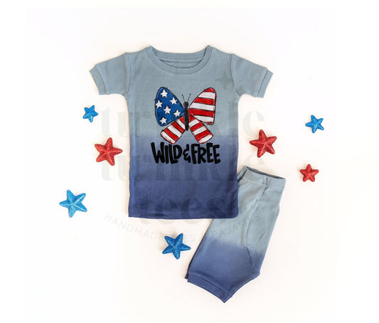 Wild and Free Butterfly Blue Ombre Shorts Set for Kids - Kids 4th of July Set - 4th of July Toddler Shirt and Shorts