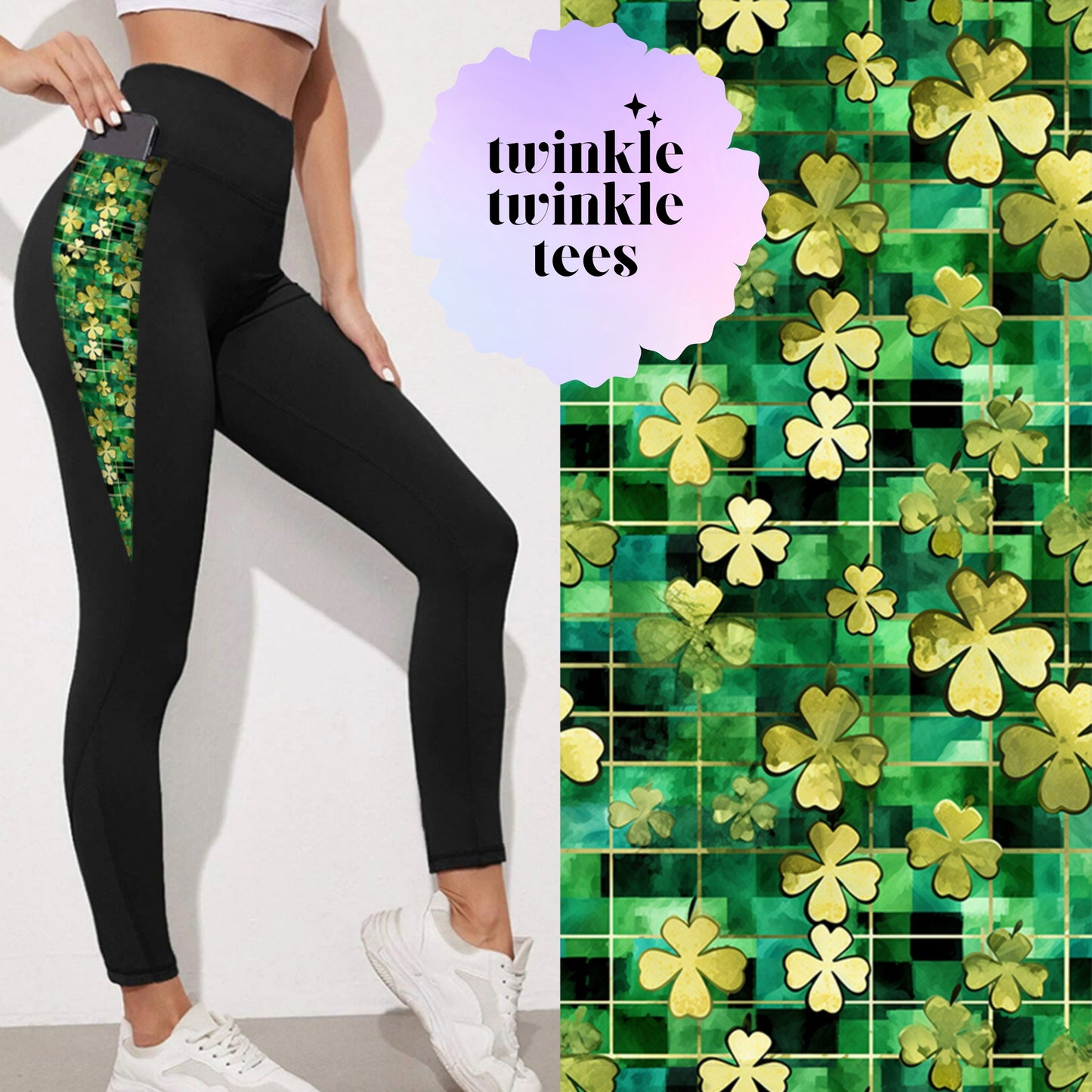 Alcohol Ink Shamrocks Accent Pattern Women's Pocket Leggings