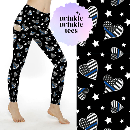 Police Appreciation Hearts Blue Line Flag Full Length Pocket Leggings