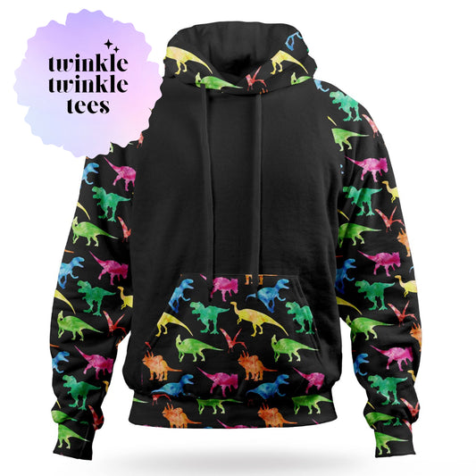 Watercolor Rainbow Dinosaurs Pullover Hoodie