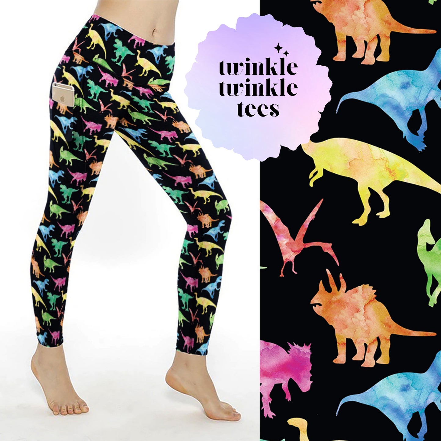 Watercolor Rainbow Dinosaurs Women's Pocket Leggings
