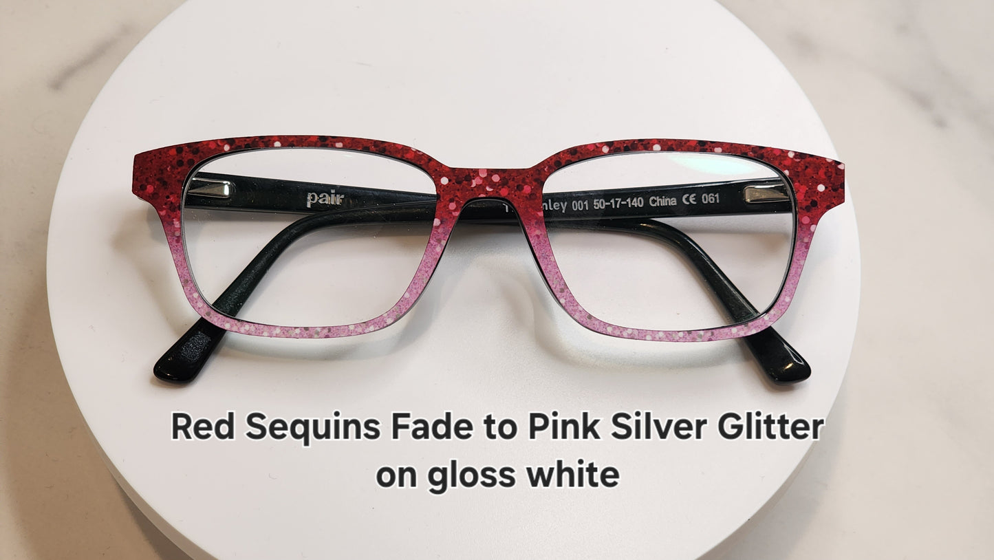 Red Sequins Fade to Pink Silver Glitter Eyewear Frame Toppers COMES WITH MAGNETS