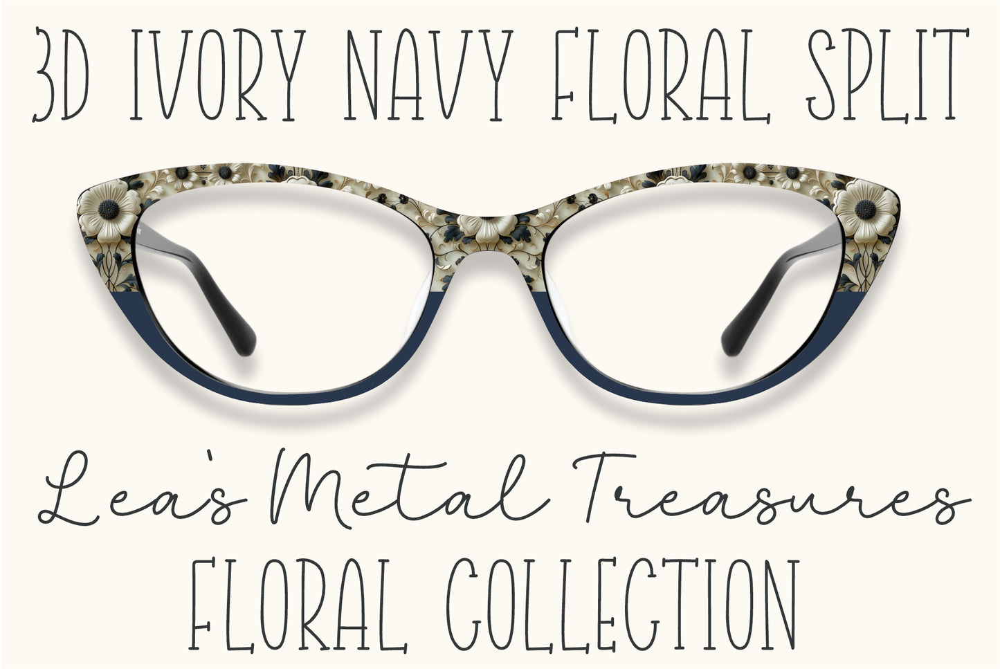 3D Ivory Navy Floral Split Eyewear Frame Toppers COMES WITH MAGNETS