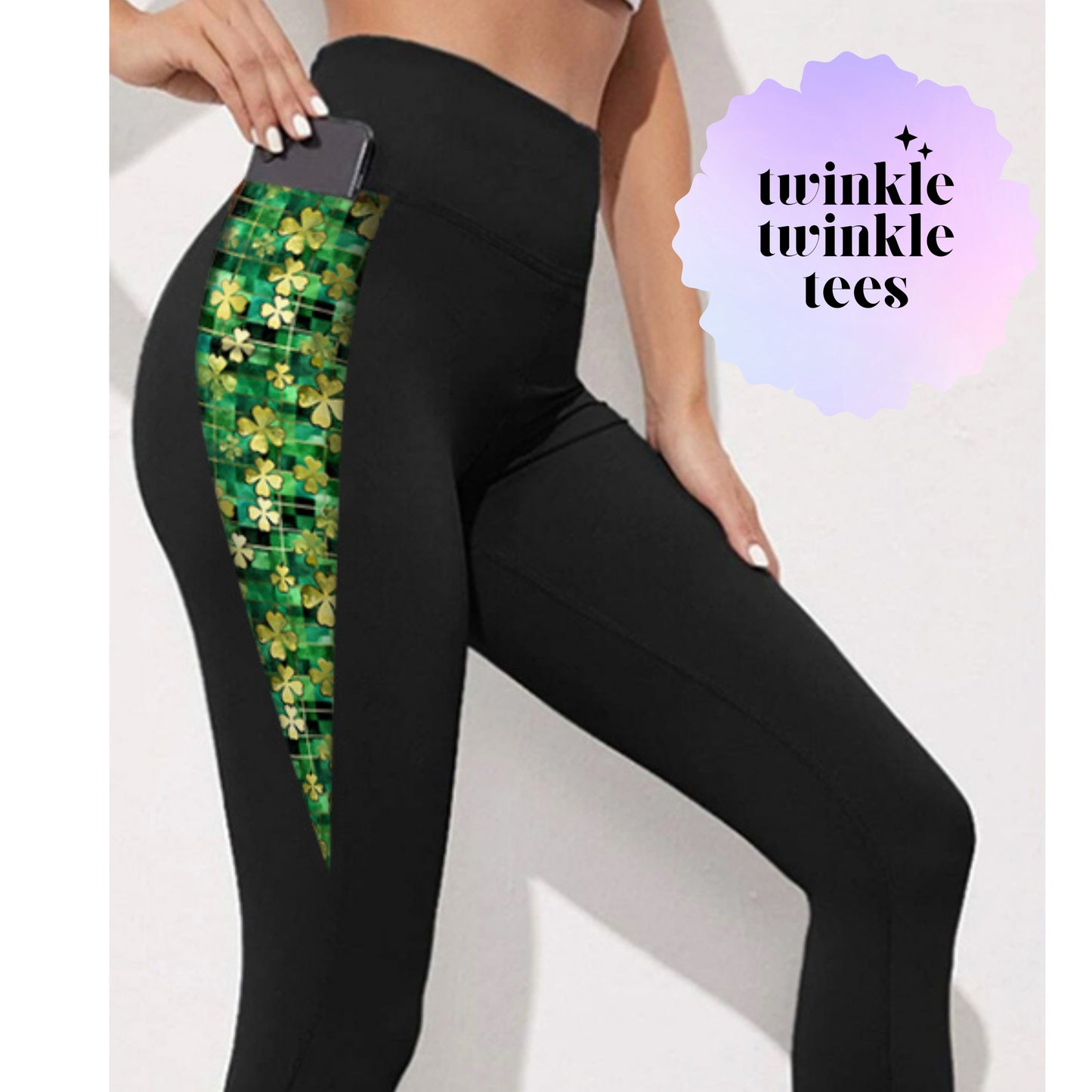 Alcohol Ink Shamrocks Accent Pattern Women's Pocket Leggings